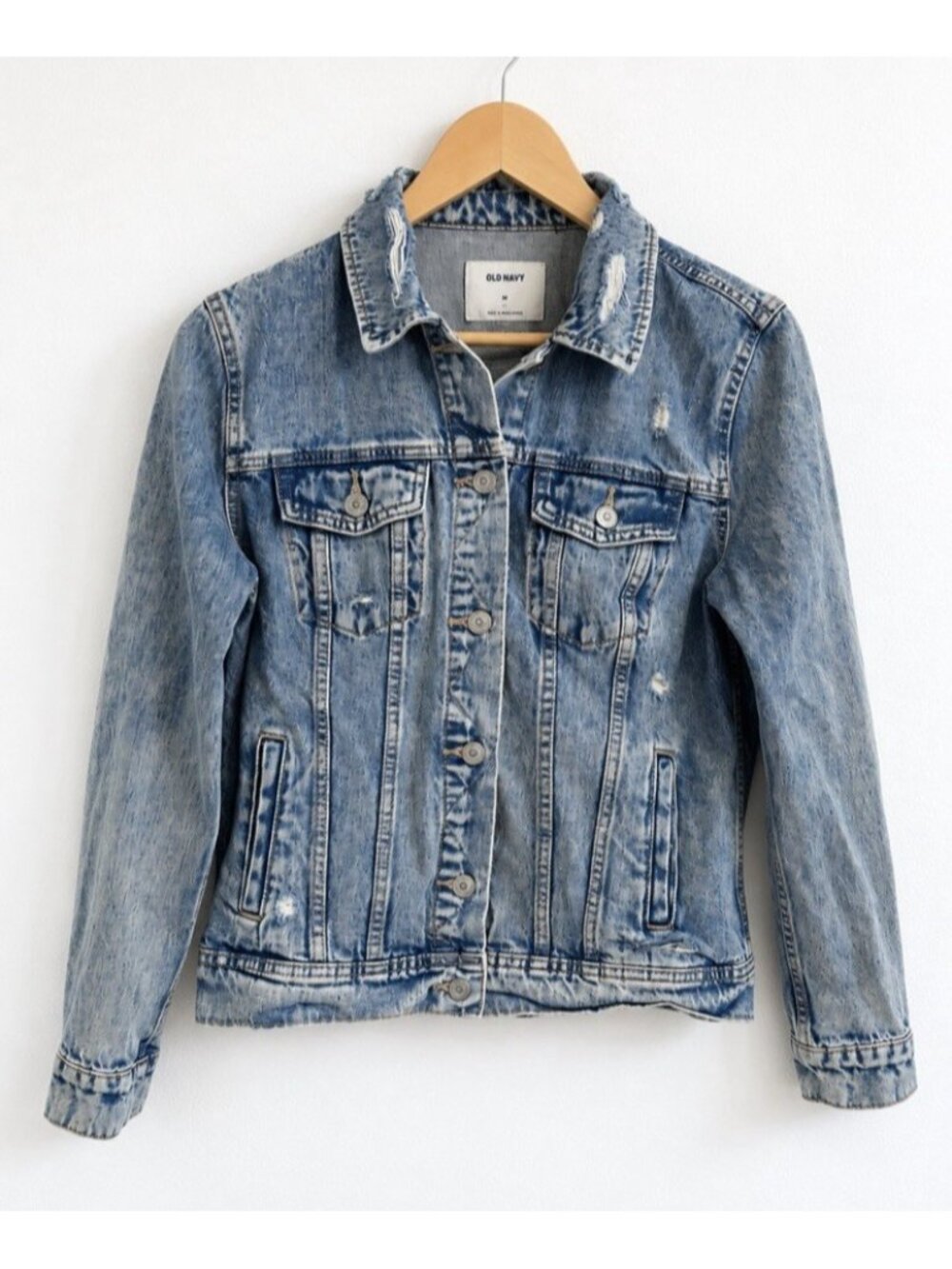Old Navy Destructed Denim Jacket Y2K Distressed Acid Wash Blue Women’s M